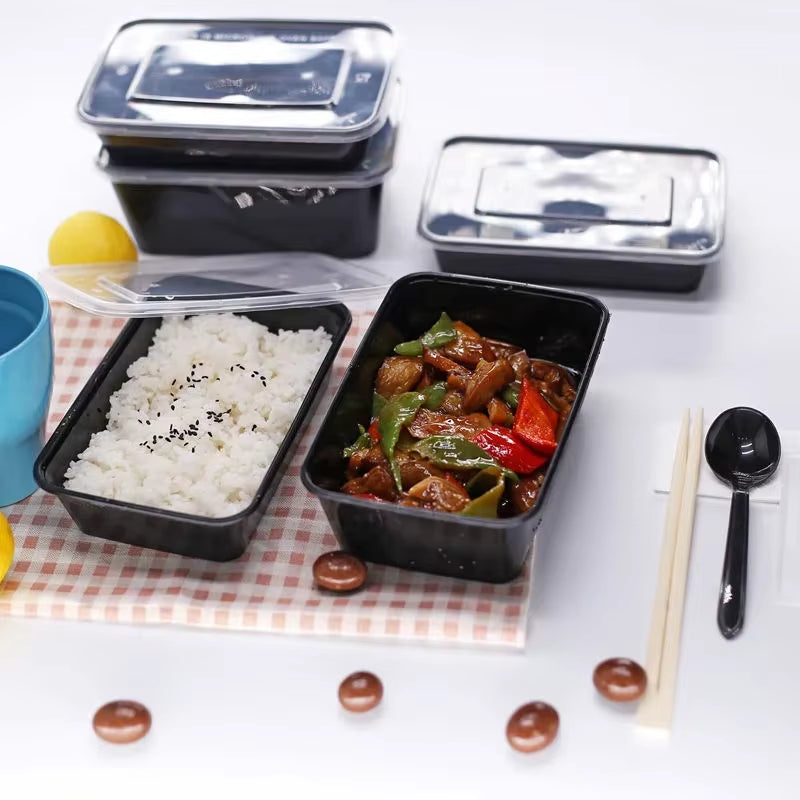 10PCS Plastic Disposable Food Containers Black Take Out Containers with Lid for Salads Sandwiches Kitchen Fridge Storage Boxes